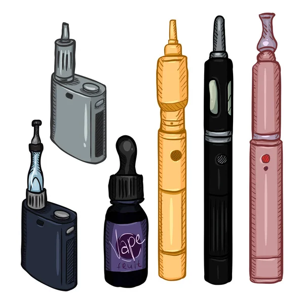 Vektor-Set von Cartoon-Vape-Geräten. Elektronische Zigaretten. — Stockvektor