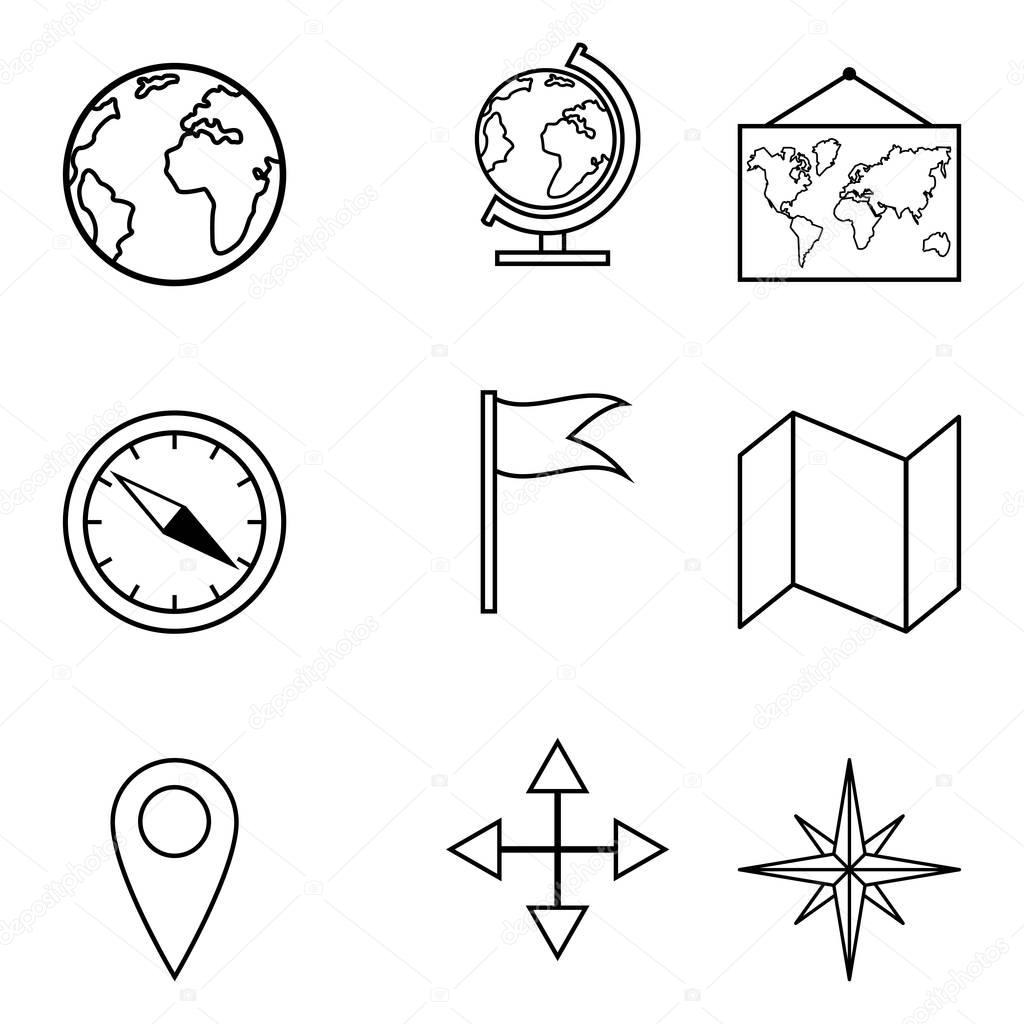 Vector Set of Black Outline Geo Icons. Geographical School Pictograms