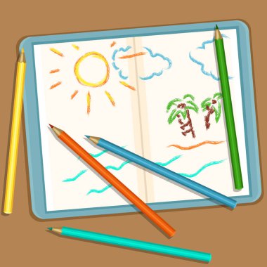 Kalem ve defter ile renkli çizimler 