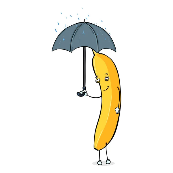 Banana con ombrello sotto pioggia — Vettoriale Stock