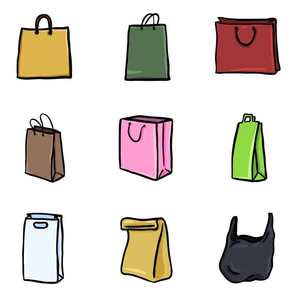 Vektor Set Von Cartoon Farbkritzelsymbolen Einkaufstaschen — Stockvektor