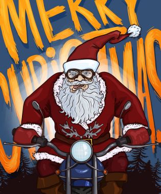 Vektör çizgi film kartpostal - motorcu Noel Baba metin ile motosiklet - Merry Christmas arka plan üzerinde