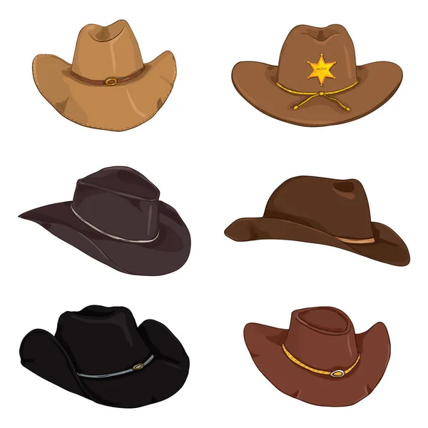 Set Vettoriale Diversi Cappelli Cowboy Colore Del Fumetto — Vettoriale Stock