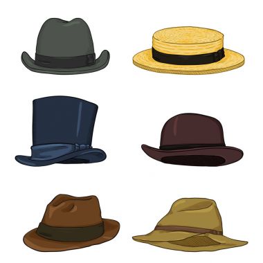 Çizgi film renk klasik tip şapka vektör kümesi. Homburg, Kanotie, silindir, Melon, Fedora, fötr şapka.
