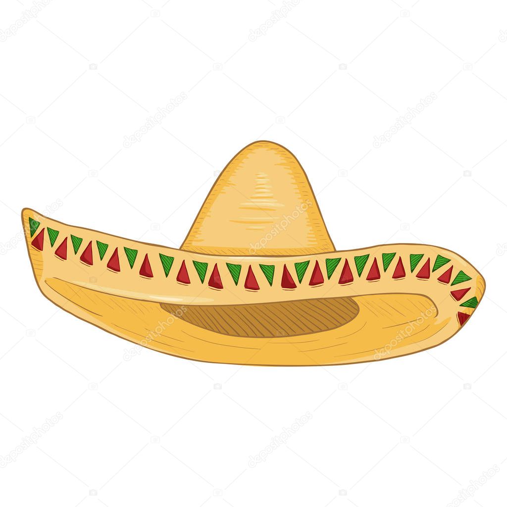 Vector Cartoon Traditional Mexican Hat. Classic Yellow Straw Sombrero.