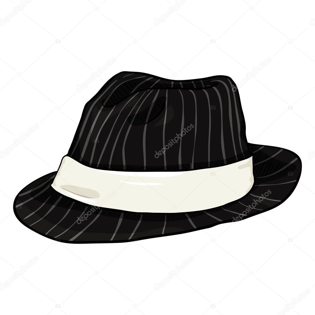 Vector Cartoon Black Fedora Hat with Gray Stripes and White Ribbon