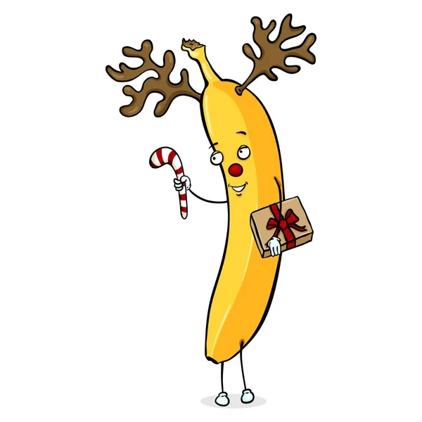 Vector Cartoon Character Yellow Christmas Banana Deer Horns Candy Cane — Stock Vector