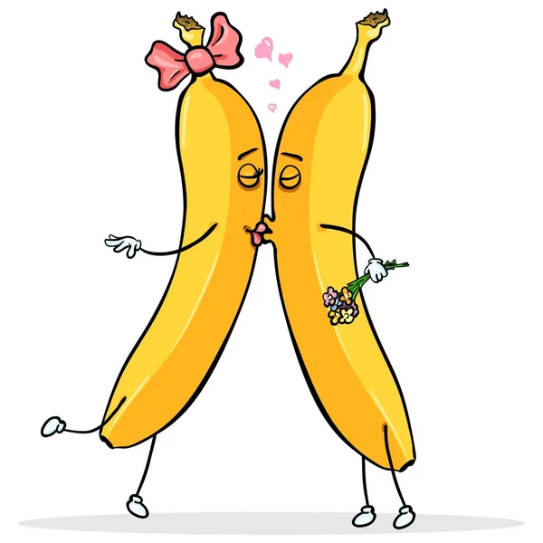 ベクトル漫画のキャラクター 黄色の愛好家がキスです 花とピンクの弓と女性男性 恋バナナ — ストックベクタ