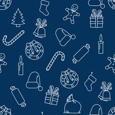 Mavi zemin üzerine beyaz çizgi Noel simgelerin vektör Dikişsiz desen arka plan