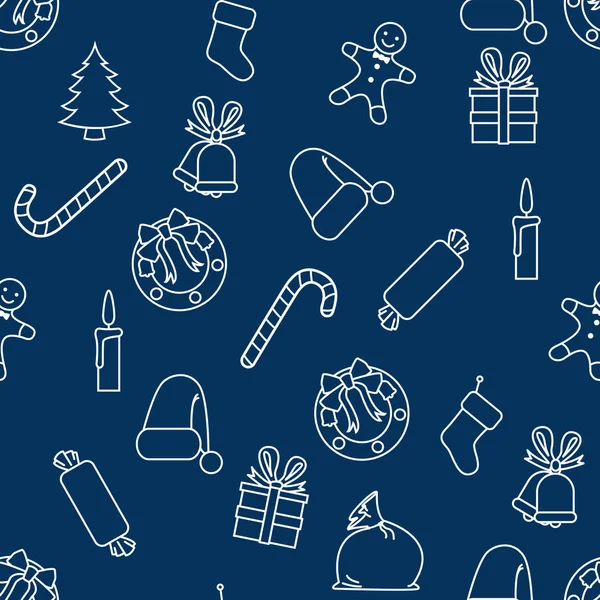 Mavi zemin üzerine beyaz çizgi Noel simgelerin vektör Dikişsiz desen arka plan