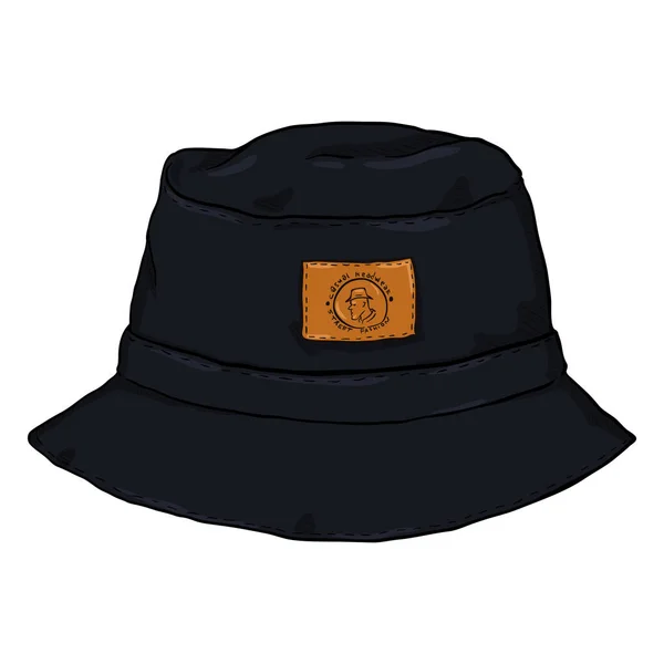 Vista Frontale Black Cartoon Bucket Hat Con Etichetta — Vettoriale Stock