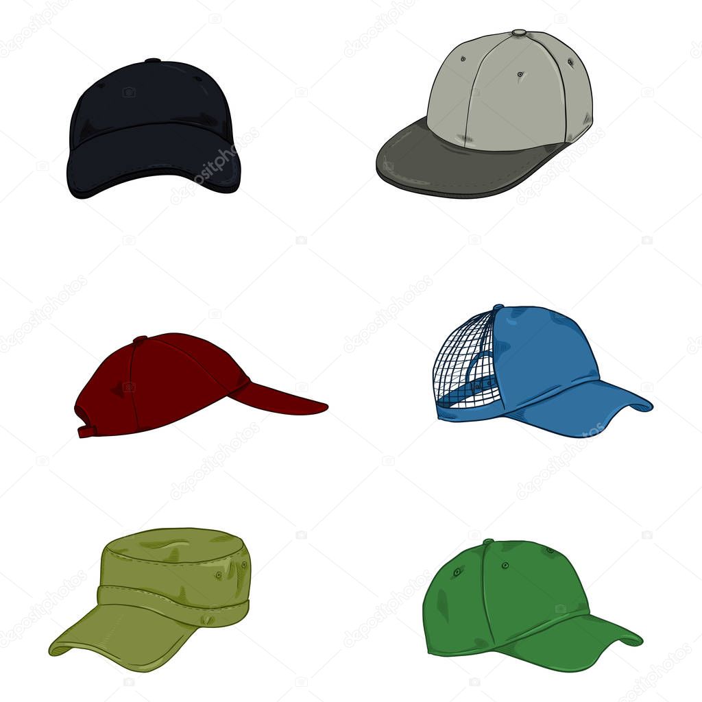 Set of Cartoon Color Baseball Caps. Side and Front Views.