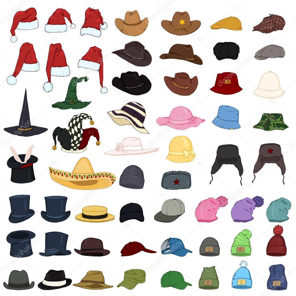 Big Set of Cartoon Color Hats and Caps