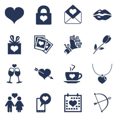 Sevgililer günü için bir siluet koyu mavi aşk ve düğün simgeler vektör kümesi