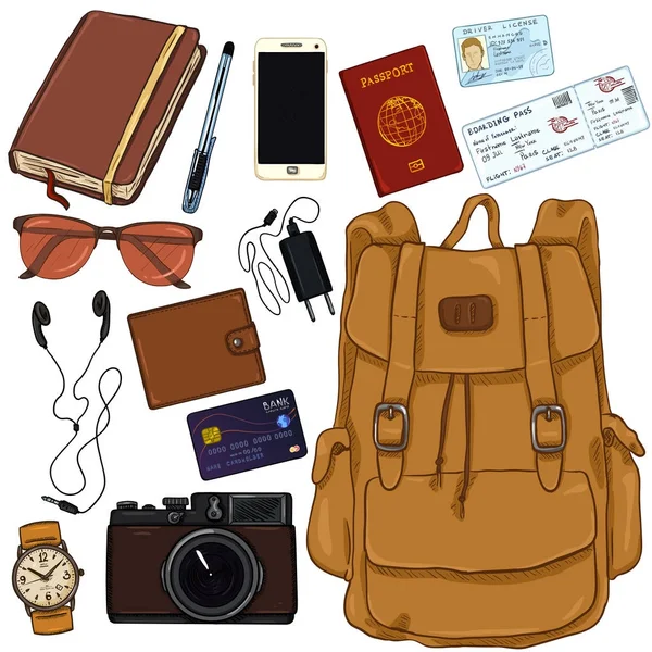 Conjunto de viagem de desenhos animados vetorial. Pertences Pessoais para a Viagem — Vetor de Stock