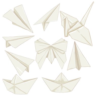 Çizgi film Origami White Paper Planes, tekneler, kelebek ve vinç, vektör çizim