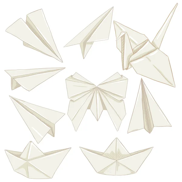 Çizgi Film Origami White Paper Planes Tekneler Kelebek Vinç Vektör — Stok Vektör