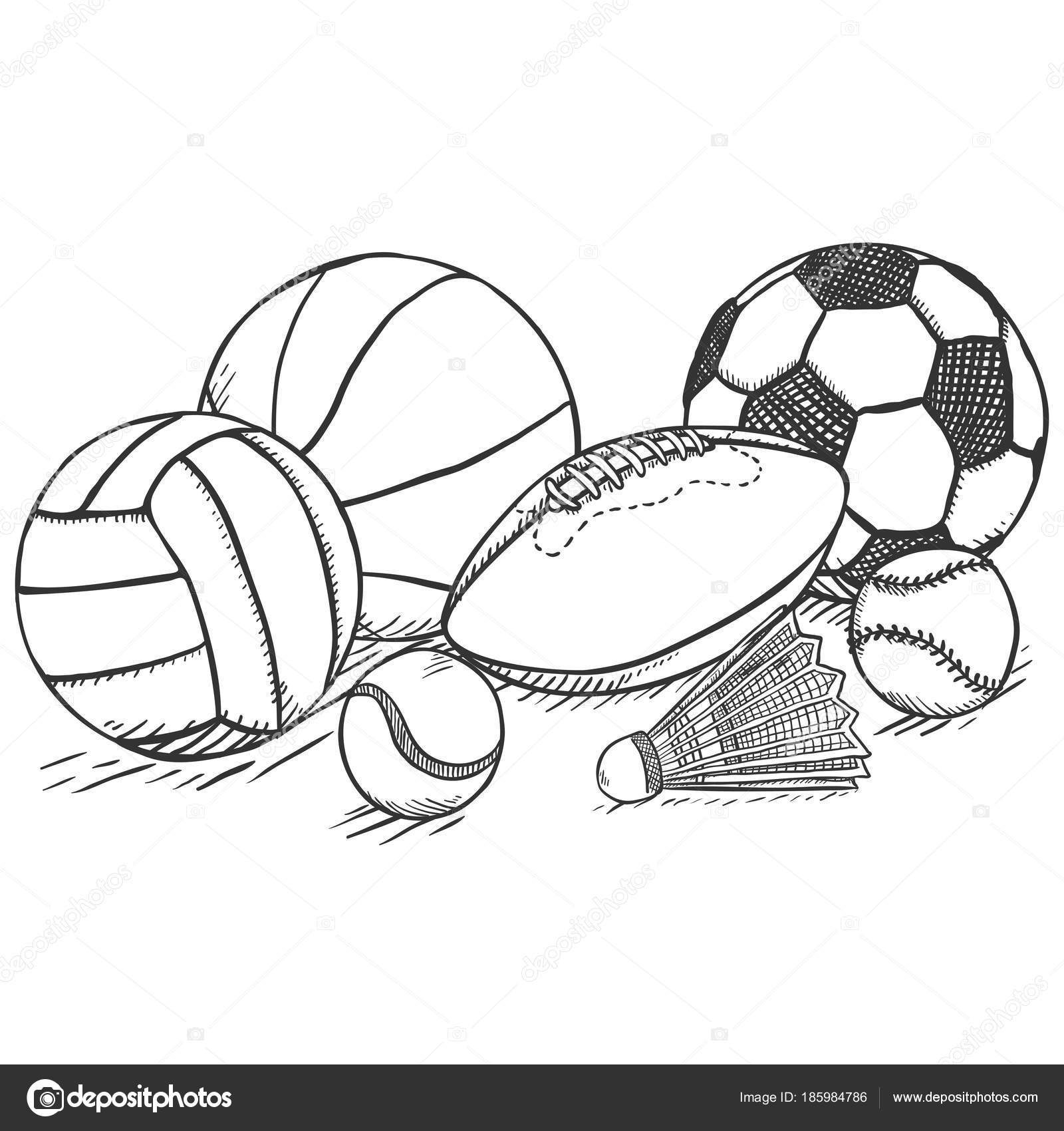 Pencil Sketch Sport Equipment Set Vector Illustration Stock Vector