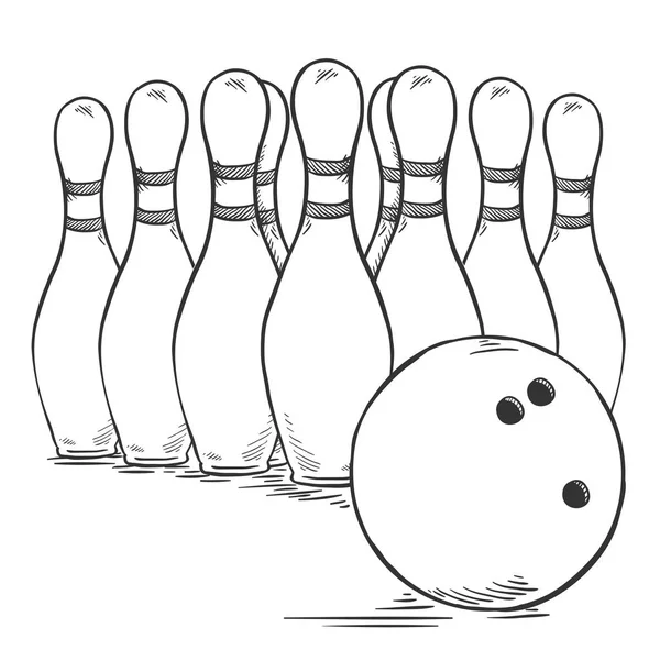 Ołówek Szkic Zestaw Bowling Kręgle Piłka Ilustracji Wektorowych — Wektor stockowy