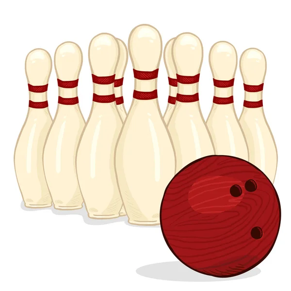Cartoon Set White Bowling Skittles Red Ball Векторная Иллюстрация — стоковый вектор