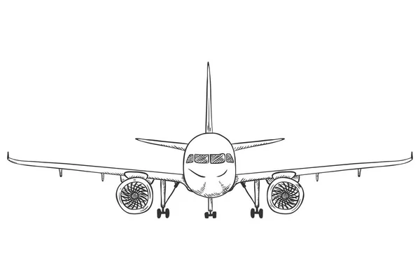 矢量黑色素描飞机与底盘 前视图飞机 手绘平面 — 图库矢量图片