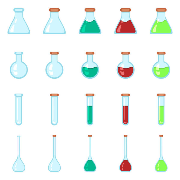 Vector Set of Chemistry Lab Glassware Flat Icons. Empty and with Color Liquids.