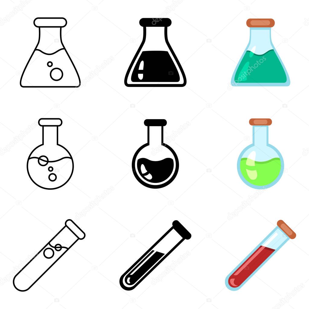 Vector Set of Chemical and Medical Glassware. Line, Silhouette and Color Flat Symbols.