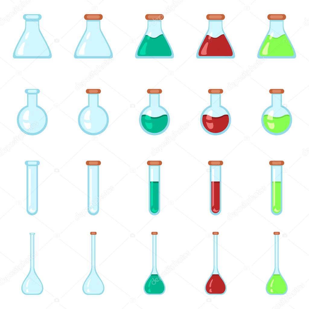 Vector Set of Chemistry Lab Glassware Flat Icons. Empty and with Color Liquids.