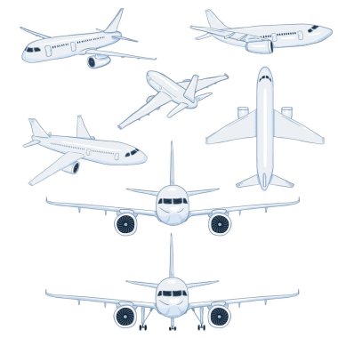 Çizgi film Beyaz dizi vektör uçakları. Sivil Havacılık Uçak. Yan, ön, arka ve üstten görünüm.