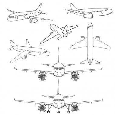 Sketch Airplanes 'in vektör seti. Sivil Havacılık Uçakları. Yan, Ön, Arka ve Üst Görünüm.