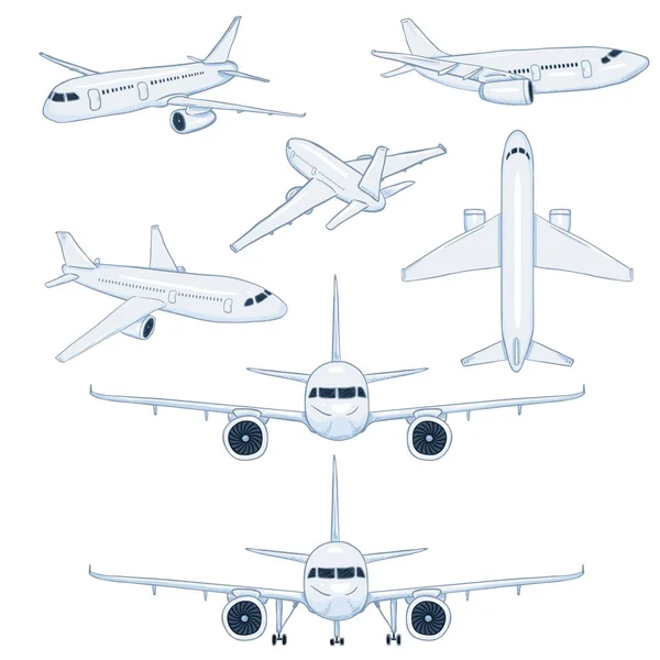 Sada Vektor Kreslené Bílé Rovin Letadel Civilního Letectví Boční Přední — Stockový vektor