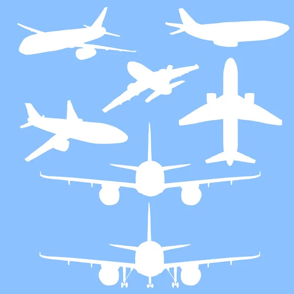 Ensemble Vectoriel Avions Passagers Silhouette Blanche Sur Fond Bleu Aviation — Image vectorielle