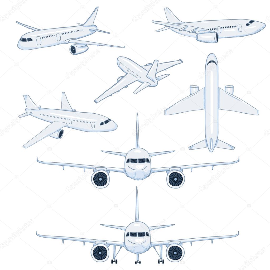 Vector Set of Cartoon White Planes. Civil Aviation Aircrafts. Side, Front, Back and Top View.