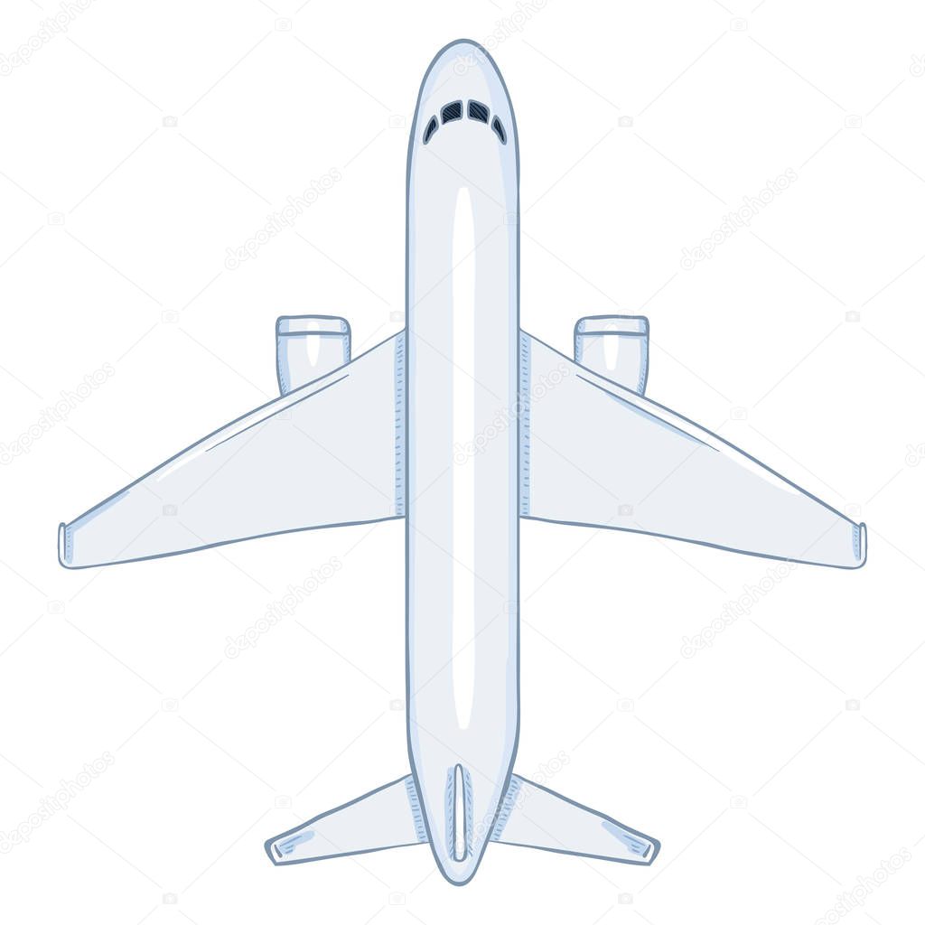 Vector Cartoon White Passenger Airplane. Commercial Aviation Aircraft. Top View.