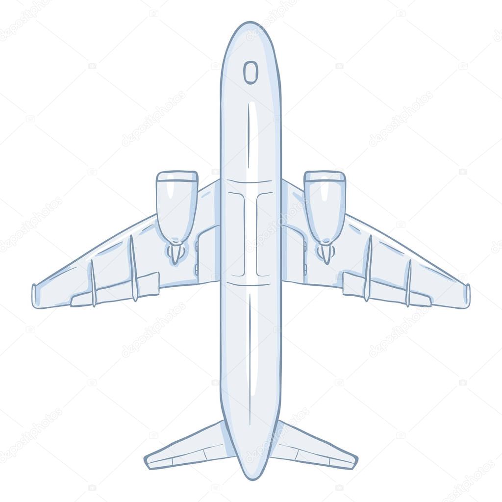 Vector Cartoon White Passenger Airplane. Commercial Aviation Aircraft. Bottom View.