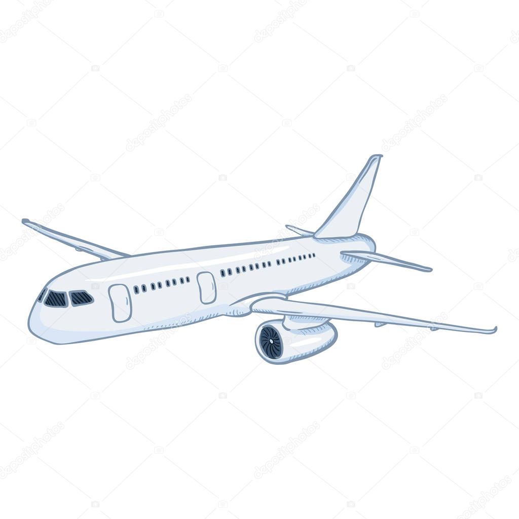 Vector Cartoon White Passenger Airplane. Commercial Aviation Aircraft. Perspective View.