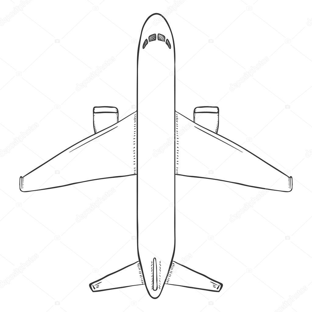 Vector Sketch Passenger Airplane. Commercial Aviation Aircraft. Top View.