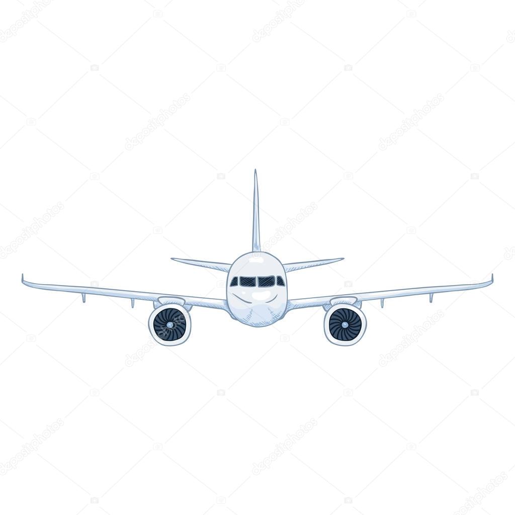 Vector Cartoon White Passenger Airplane. Commercial Aviation Aircraft. Front View.