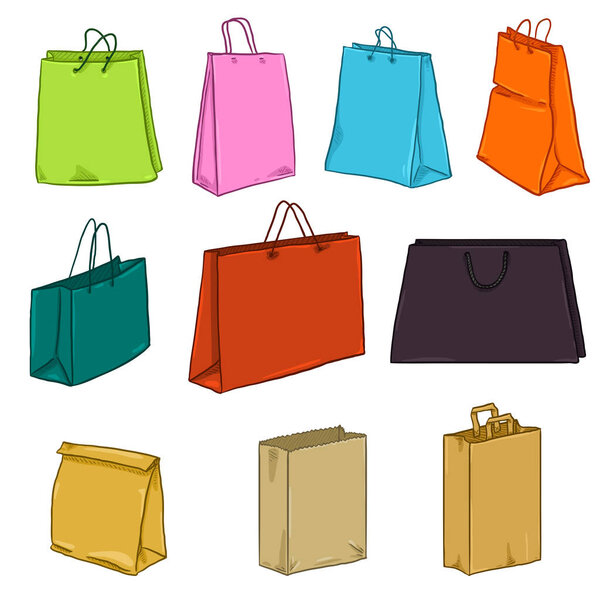Set of colorful shopping and paper bags on white background