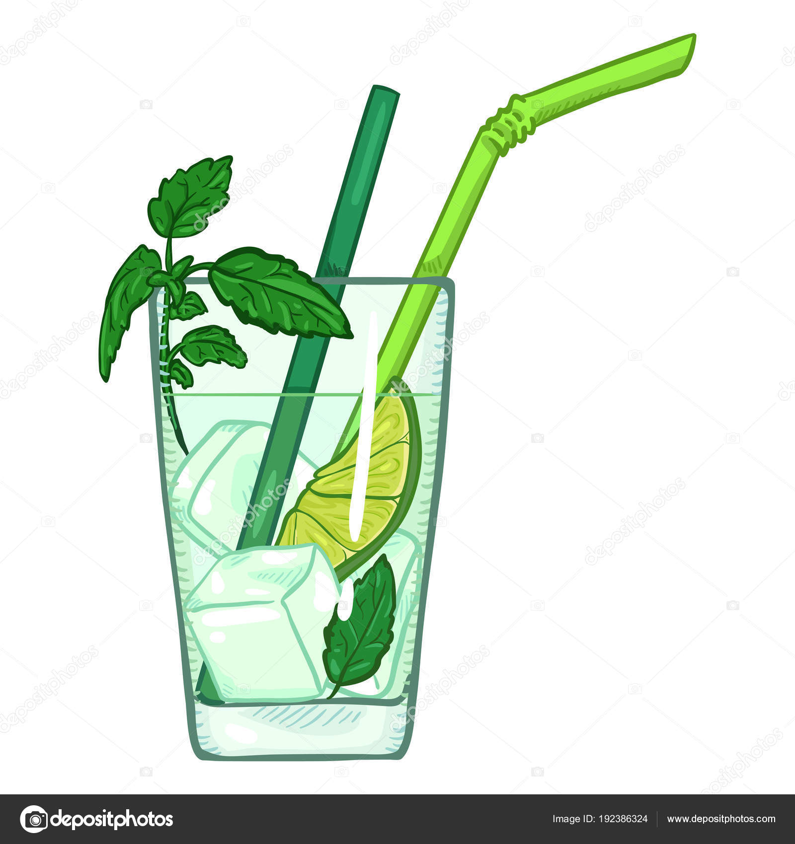 Vector Cartoon Illustration Glass Mojito Straws Ice Lime Mint Stock Vector Image By C Nikiteev 192386324
