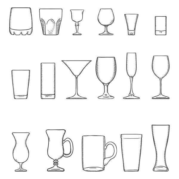Vektor Készlet Vázlat Stemware Szemüveg Alkoholhoz Koktélhoz Üdítőitalhoz — Stock Vector