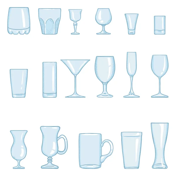 Vector Set Cartoon Stemware Glasses Alcohol Cocktails Soft Drink — Stock Vector