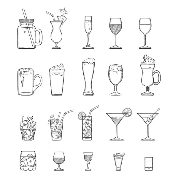 Vector Sketch Set Alcohol Soft Drinks Liquors Cocktails — Stock Vector