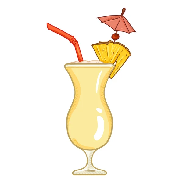 矢量卡通插画 用吸管 鸡尾酒伞和菠萝飘香的酒杯 — 图库矢量图片