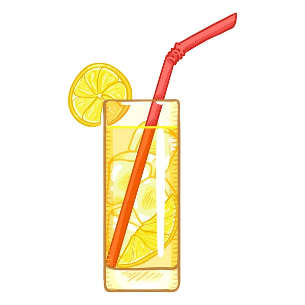 Vector Cartoon Illustration Glass Lemonade Lemon Slice Ice Drinking Straw — Stock Vector