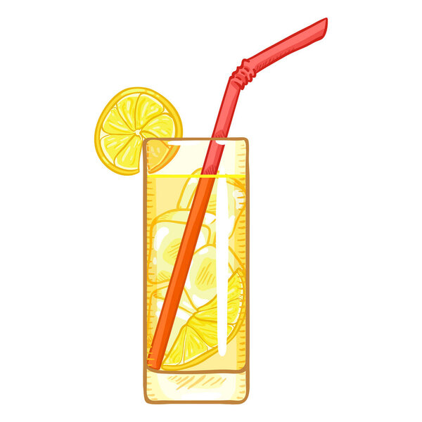 Vector Cartoon Illustration - Glass of Lemonade with Lemon Slice, Ice and Drinking Straw