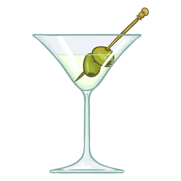 Vector Cartoon Illustration Glass Martini Green Olives — Stock Vector