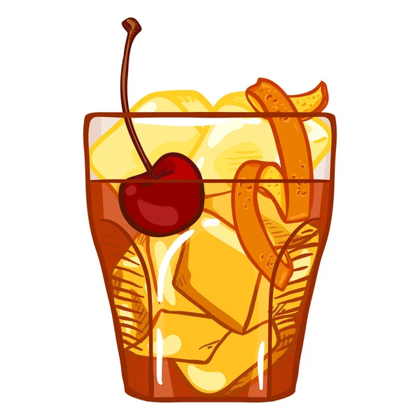 Cartoon Vectorillustratie Oude Ouderwetse Cocktail Met Cherry Ice Rotsen Sinaasappelschil — Stockvector