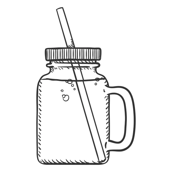 矢量素描插图 罐子与手柄 饮用稻草和苏打里面 — 图库矢量图片