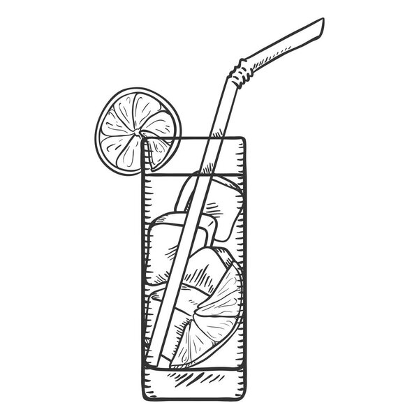 Vector Sketch Illustration - Glass of Lemonade with Lemon Slice, Ice and Drinking Straw